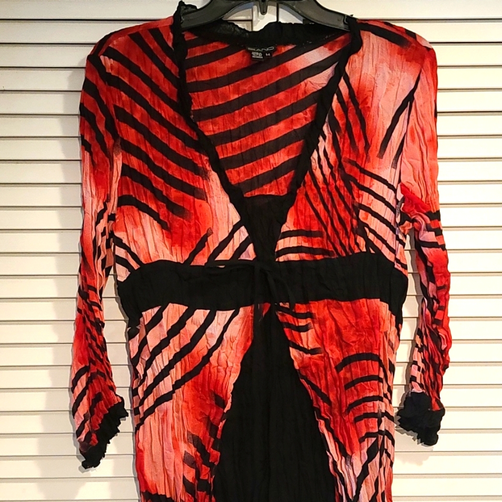 RED themed Animal print blouse v neck sheer and stretchy